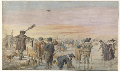 Vinterscen på isen, med en jägare som visar en utter av Hendrick Avercamp