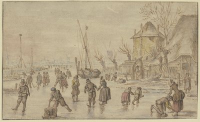 Vinterlandskap, många skridskoåkare på isen, till höger spänner en man fast en kvinnas skridskor av Hendrick Avercamp