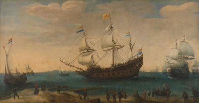 Ostindiefarare utanför en kust, ca 1600-30 (olja på duk) av Hendrick Cornelisz Vroom