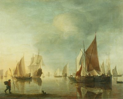 Sjöfart för ankar offshore i ett lugnt hav; kvällsljus, ca 1650-60 (olja på panel) av Hendrick Dubbels