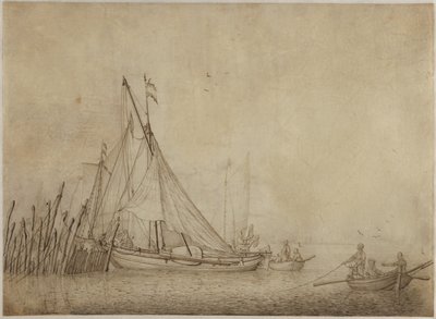 Fartyg vid en fiskdamm med en stad i bakgrunden av Hendrick Dubbels