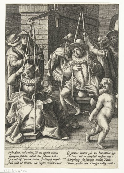 Äktenskapsvågen Pengar är den sanna kärleken Bröllopsskalan Ordspråk efter Karel van Mander (serietitel) av Hendrick Goltzius (attributed to workshop of)