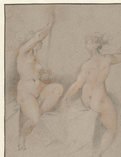 Två sittande kvinnliga nakenbilder av Hendrick Goltzius (follower of)