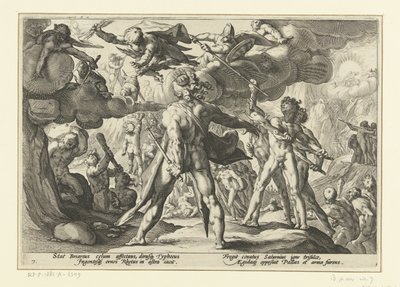 Jättarnas attack mot gudarnas värld Ovidius metamorfoser (serietitel) av Hendrick Goltzius (workshop of)
