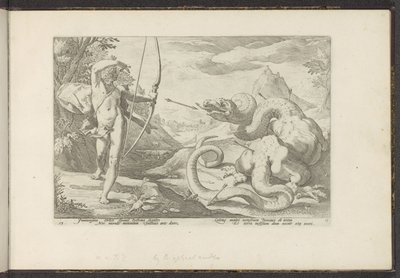 Apollo dödar jätteormen Python Ovidius metamorfoser (serietitel) Återskapanden av P. Ovidius Naso (serietitel) av Hendrick Goltzius (workshop of)