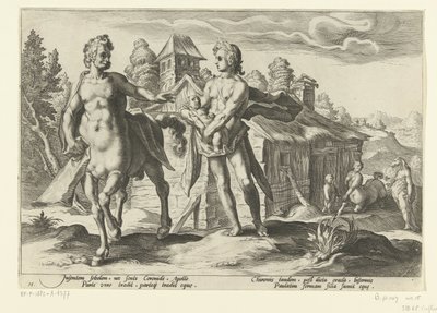 Apollo anförtror Asclepius åt Chiron Ovidius metamorfoser (serietitel) av Hendrick Goltzius (workshop of)