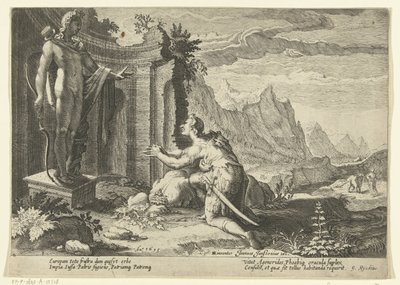 Cadmus frågar oraklet i Delphi vad han ska göra nu när han inte har kunnat hitta sin syster Europa Ovidius metamorfoser (serietitel) av Hendrick Goltzius (workshop of)