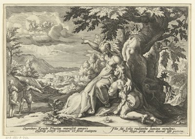 Clymene visar Phaethon sin far, solguden Ovidius metamorfoser (serietitel) av Hendrick Goltzius (workshop of)