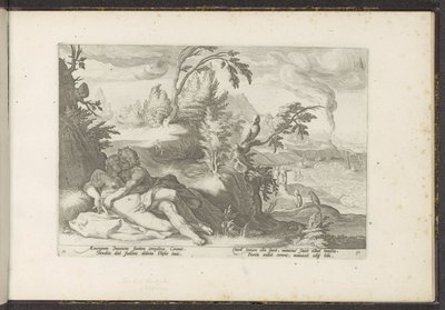 Corvus fångar flickan Coronis Ovidius metamorfoser (serietitel) Återskapanden av P. Ovidius Naso (serietitel) av Hendrick Goltzius (workshop of)