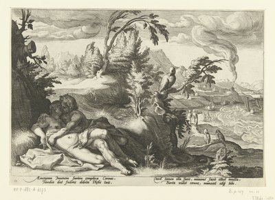 Corvus fångar flickan Coronis Ovidius metamorfoser (serietitel) av Hendrick Goltzius (workshop of)
