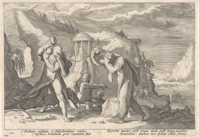 Deucalion och Pyrrha skapar en ny ras av människor Ovidius metamorfoser (serietitel) av Hendrick Goltzius (workshop of)