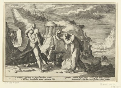 Deucalion och Pyrrha skapar en ny mänsklig ras Ovidius metamorfoser (serietitel) av Hendrick Goltzius (workshop of)