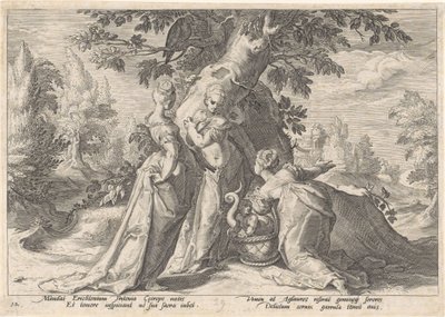 Cecrops döttrar öppnar Minerva .s korg Metamorphoses of Ovid (serietitel) av Hendrick Goltzius (workshop of)