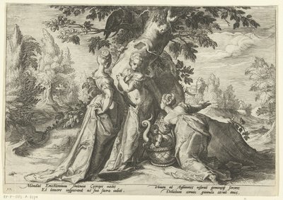 Cecrops döttrar öppnar Minervas korg Ovidius metamorfoser (serietitel) av Hendrick Goltzius (workshop of)