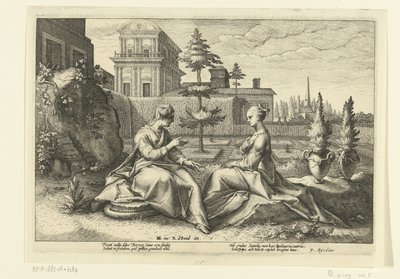 Juno närmar sig Semele i Beroes skepnad Ovidius metamorfoser (serietitel) av Hendrick Goltzius (workshop of)