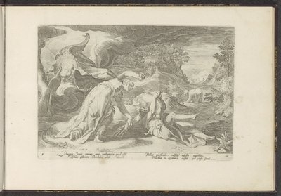 Juno förvandlar Callisto till en björn Ovidius metamorfoser (serietitel) Återskapanden av P. Ovidius Naso (serietitel) av Hendrick Goltzius (workshop of)