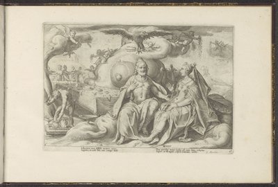 Jupiter och Juno diskuterar vilket av könen som har större kärlekslust Ovidius metamorfoser (serietitel) Återskapanden av P. Ovidius Naso (serietitel) av Hendrick Goltzius (workshop of)
