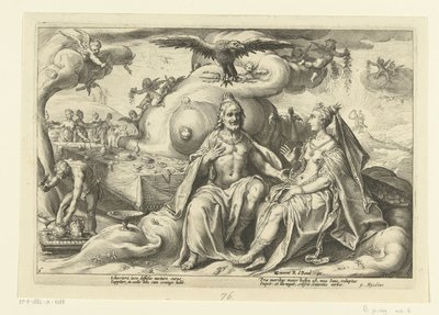 Jupiter och Juno diskuterar vilket av könen som har större kärlekslust Ovidius metamorfoser (serietitel) av Hendrick Goltzius (workshop of)