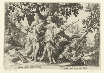 Jupiter förför Callisto i Dianas skepnad Ovidius metamorfoser (serietitel) av Hendrick Goltzius (workshop of)
