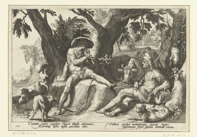 Mercury spelar flöjt för Argus Ovidius metamorfoser (serietitel) av Hendrick Goltzius (workshop of)