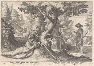 Merkurius förvandlar Battus till en sten Metamorphoses of Ovid (serietitel) av Hendrick Goltzius (workshop of)