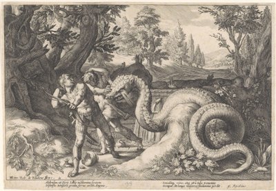 Kamrater till Cadmus slukade av en drake Ovidius metamorfoser (serietitel) av Hendrick Goltzius (workshop of)