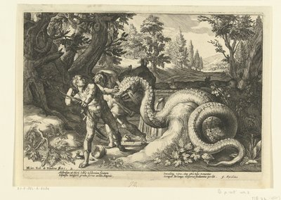 Kamrater till Cadmus slukade av en drake Ovidius metamorfoser (serietitel) av Hendrick Goltzius (workshop of)