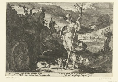Minerva ber Envy att väcka svartsjuka i Aglauros Ovidius metamorfoser (serietitel) av Hendrick Goltzius (workshop of)