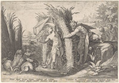Pan en Syrigs Transformed van Ovid (serietitel) av Hendrick Goltzius (workshop of)