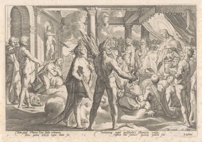 Phaëthon frågar Apollo om han får åka i sin vagn Metamorphoses of Ovid (serietitel) av Hendrick Goltzius (workshop of)