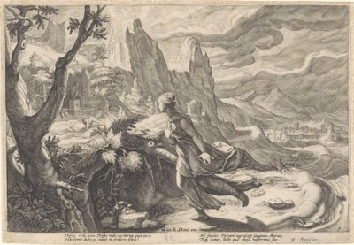 Thisbe flyr från lejoninnan Metamorphoses of Ovid (serietitel) av Hendrick Goltzius (workshop of)