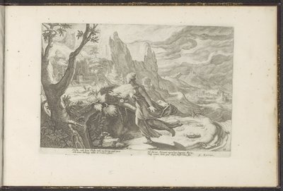 Thisbe flyr från ett lejon Ovidius metamorfoser (serietitel) Återskapanden av P. Ovidius Naso (serietitel) av Hendrick Goltzius (workshop of)