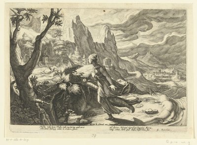 Thisbe flyr från ett lejon Ovidius metamorfoser (serietitel) av Hendrick Goltzius (workshop of)