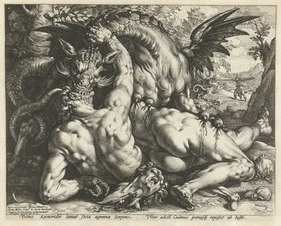 En drake som slukar Cadmus följeslagare Kamrater till Cadmus slukade av en drake av Hendrick Goltzius