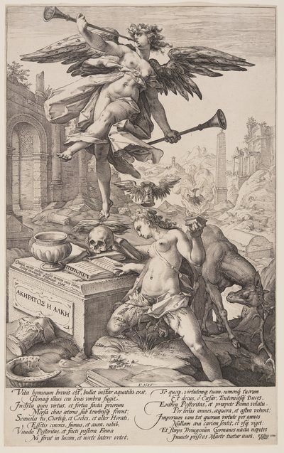 Allegori om berömmelse och historia, från De romerska hjältarna av Hendrick Goltzius