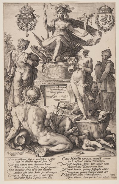 Allegori över Rom, titelplansch från De romerska hjältarna av Hendrick Goltzius