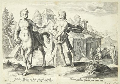 Apollo anförtror Cheiron Asklepios utbildning av Hendrick Goltzius