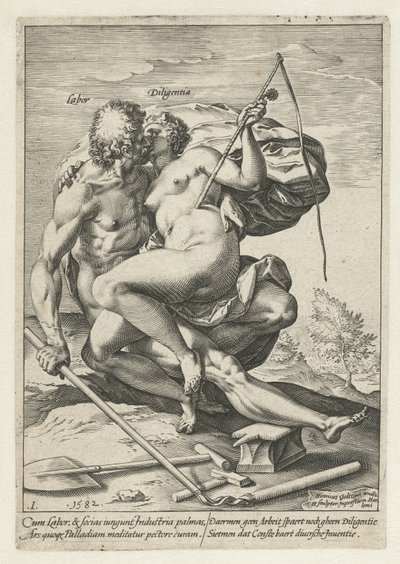 Arbetskraft och industri (Labor / Diligentia) The Reward of Labour, Diligence, Practice and Art (serietitel) av Hendrick Goltzius