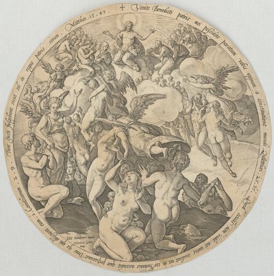 De rättfärdigas uppstigning till himlen, blad 3 i serien ”De fyra sista ting” av Hendrick Goltzius