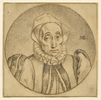 Bystbild av en äldre dam (Agatha Scholiers) av Hendrick Goltzius