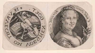 Byst av en kvinna med flöjt och musikinstrument, på ett ark av Hendrick Goltzius
