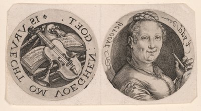 Byst av en kvinna med flöjt och musikinstrument, på ett ark av Hendrick Goltzius