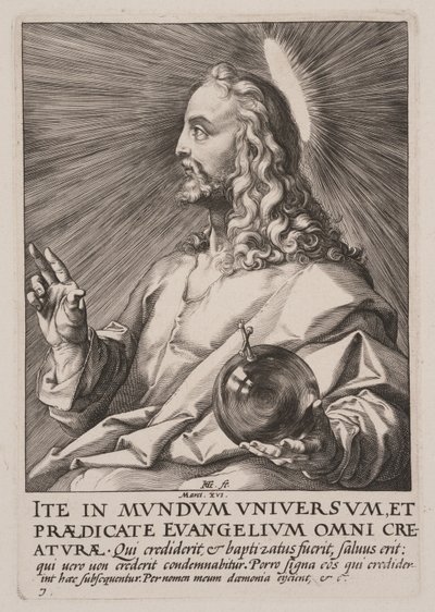 Kristus (som Salvator Mundi), från Kristus, apostlarna och Paulus med trosbekännelsen av Hendrick Goltzius