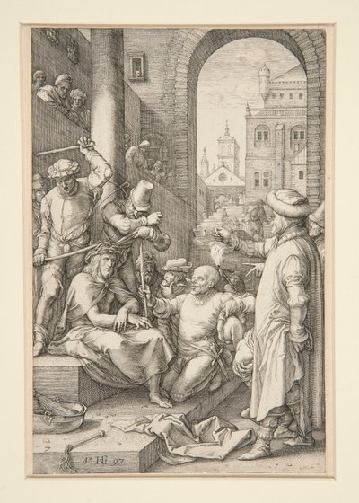 Christ Crowned with Thorns, från The Passion, #7 i en serie av 12 gravyrer av Hendrick Goltzius