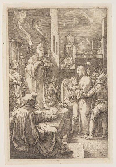 Kristus inför Kajafas, från Passionen av Hendrick Goltzius