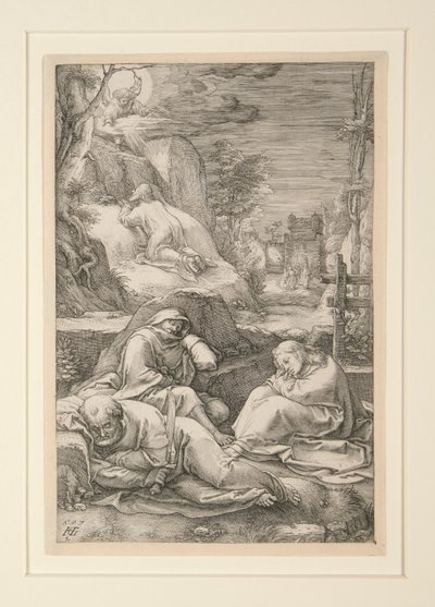 Kristus på Oljeberget (Agony in the Garden), från The Passion, #2 i en serie av 12 gravyrer av Hendrick Goltzius