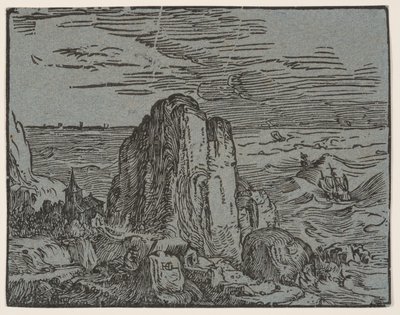 Klippa på en havsstrand av Hendrick Goltzius