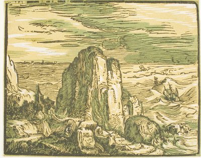 Cliff on a Seashore, från fyra små landskap av Hendrick Goltzius
