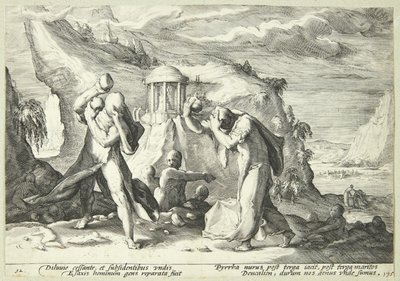 Deukalion och Pyrrha återbefolkar världen av Hendrick Goltzius