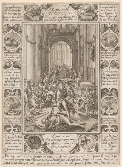 ”Dissidium in Ecclesia”, blad 8 i serien ”Allegorier över den kristna tron” av Hendrick Goltzius